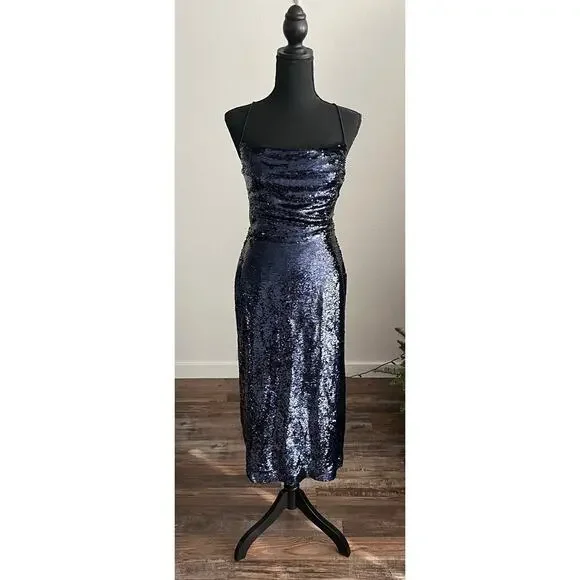 Sabina Musayev Navy Sapphire Open Lace Up Back Midi Lera Sequin Dress - Picture 3 of 9